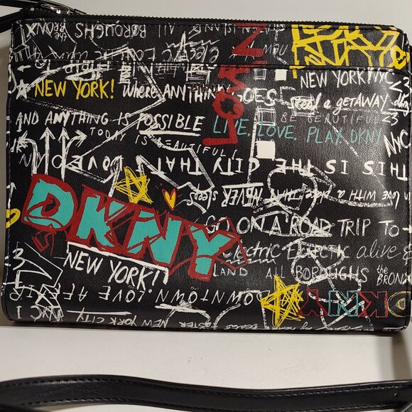 DKNY Black Graffiti Streetwear Y2K Graphic Crossbody Bag Retro New York - Picture 2 of 9